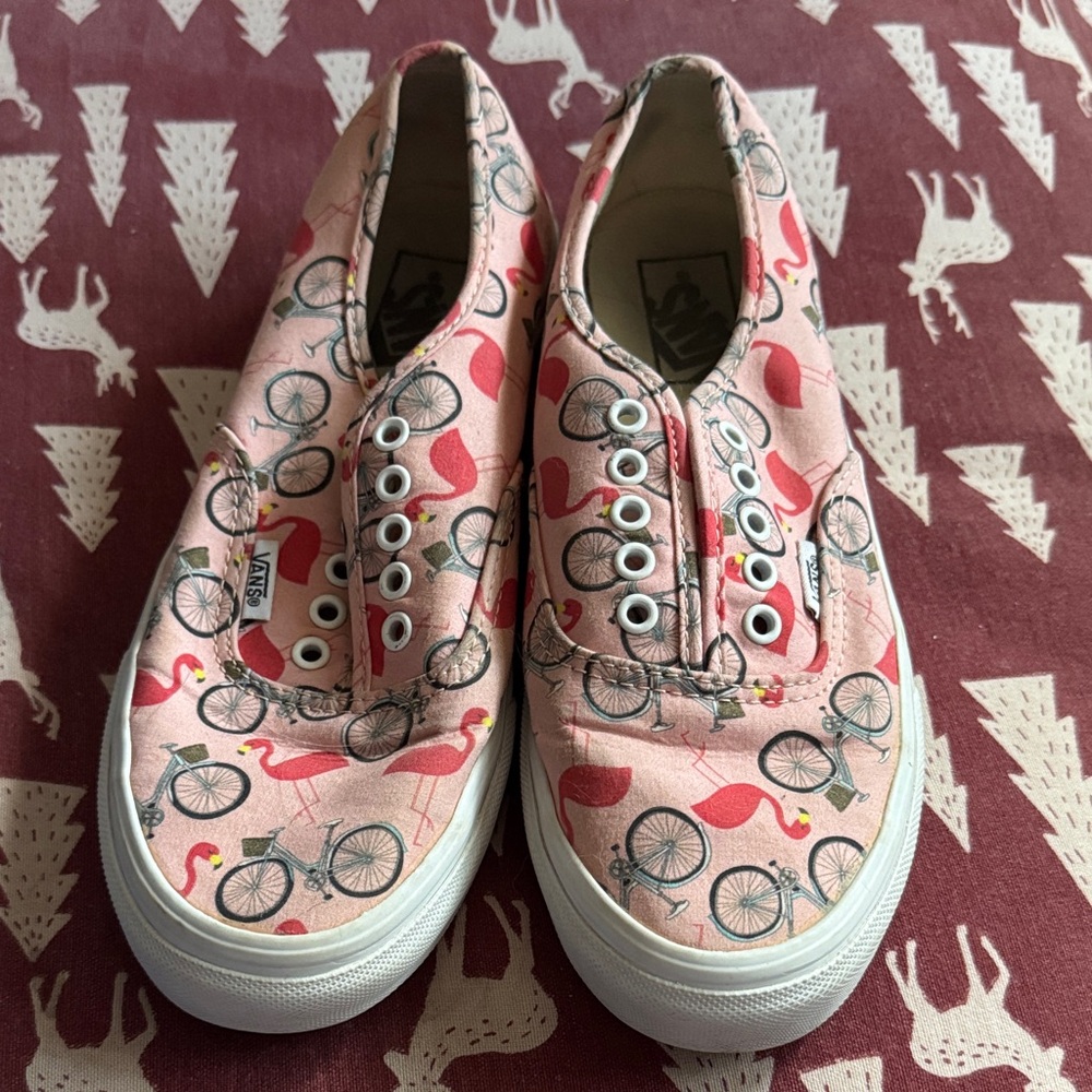 Vans Women’s Pink Flamingo & Bicycle Slip-On Sneakers